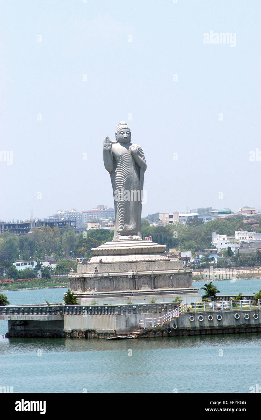 Buddha statue situated in middle of Hussain Sagar Lake in Hyderabad ; Andhra Pradesh ; India Stock Photo