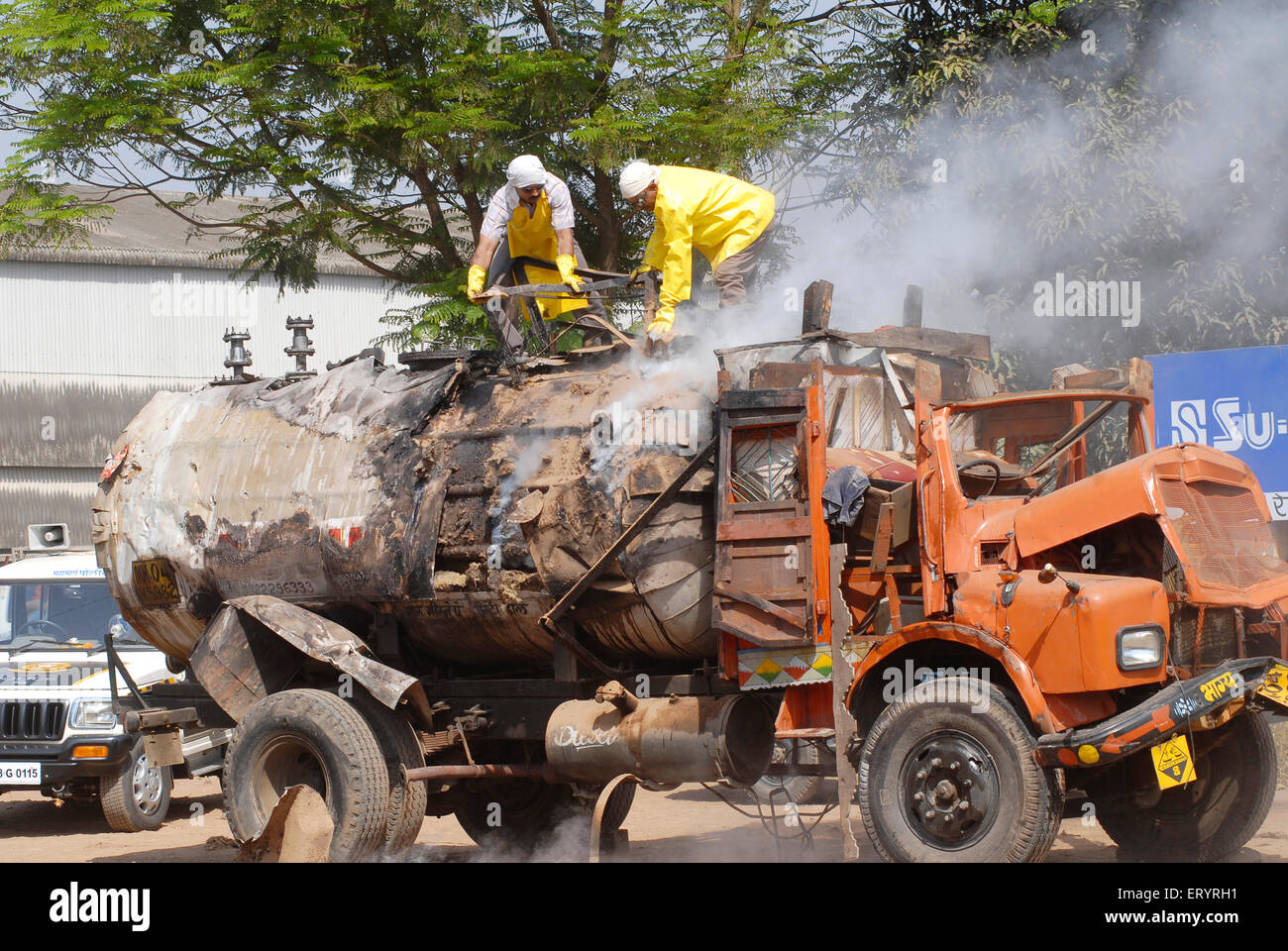 chemical tank truck accident , plugging chemical leaking , Panvel , Maharashtra , India , Asia Stock Photo