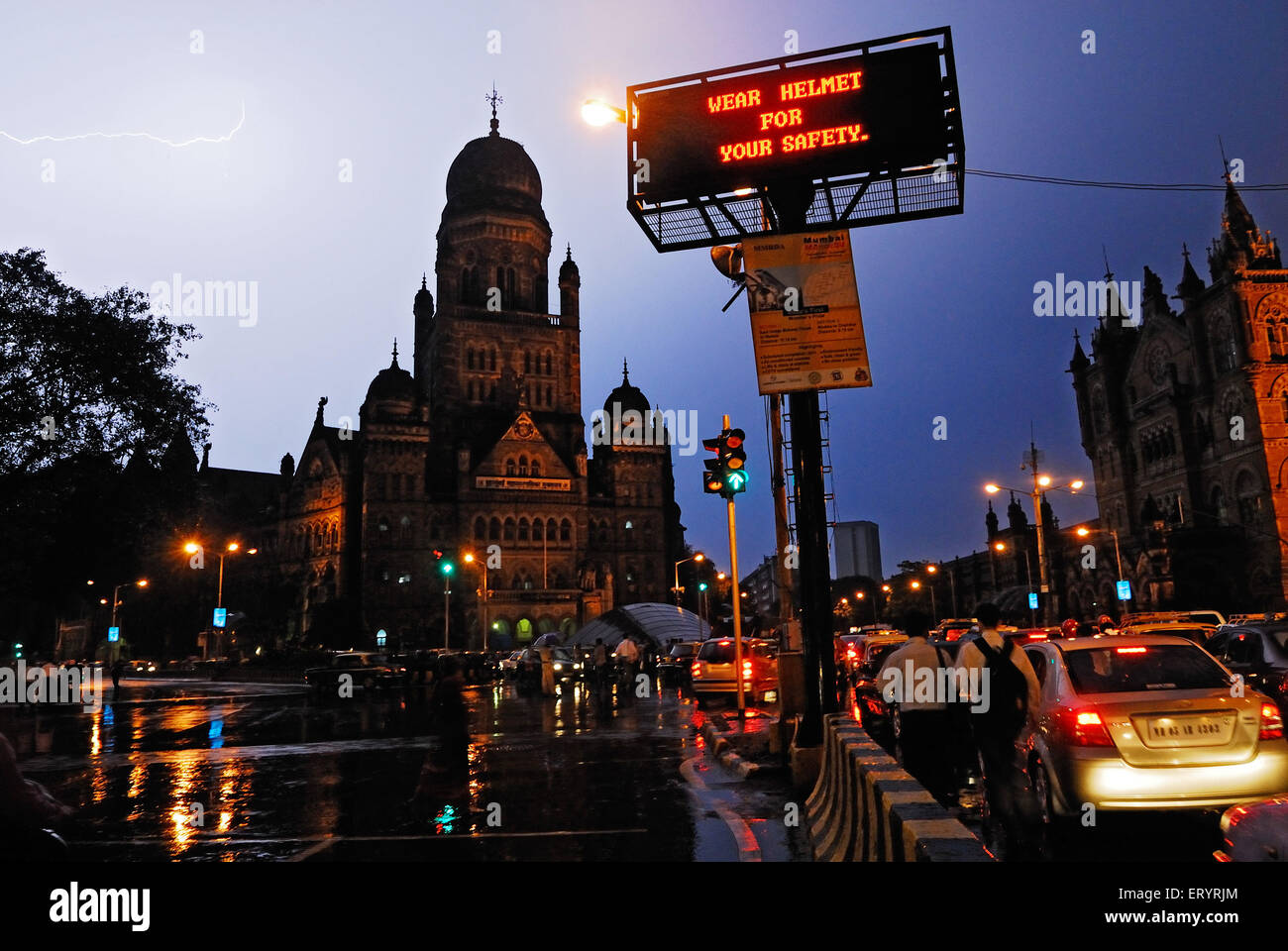 Lightning on brihan mumbai corporation and electronic signboard ; DN road ; Fort ; Bombay Mumbai ; Maharashtra ; India Stock Photo