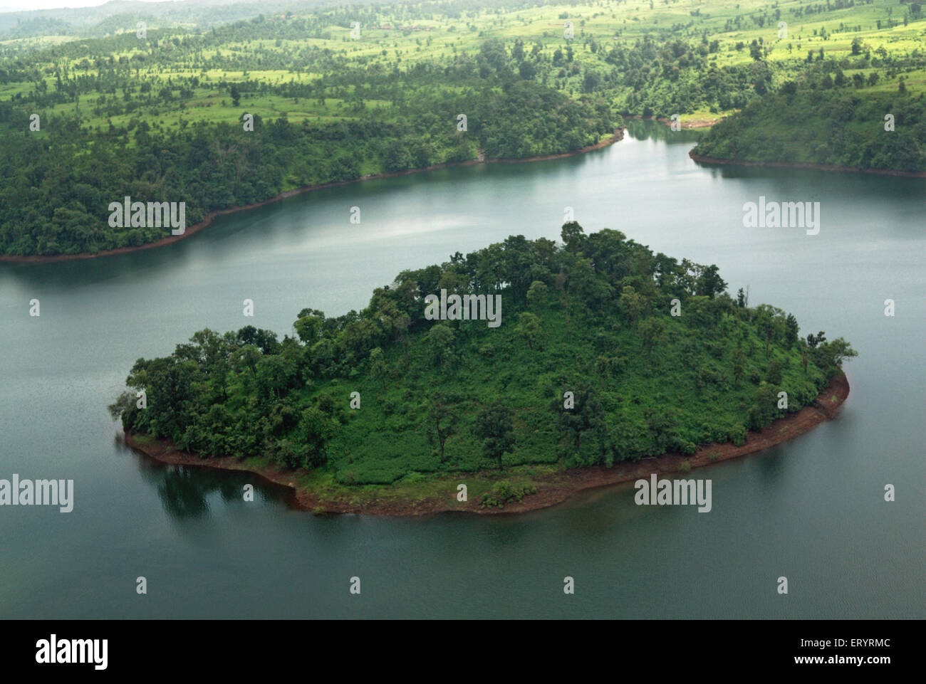 Aerial view of Vaitarna lake ; Thane ; Maharashtra ; India Stock Photo