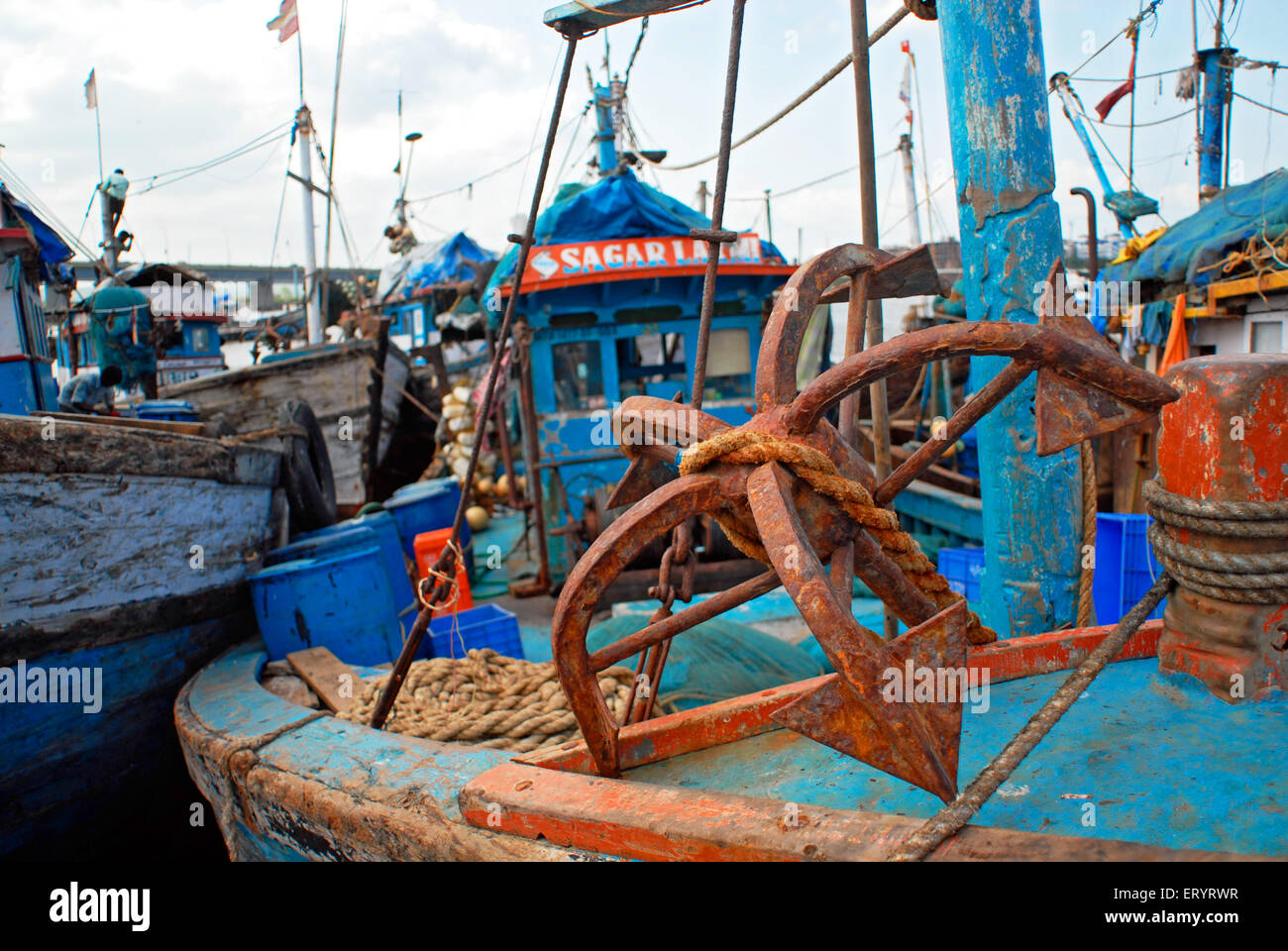 Fishing boat anchor , Panaji , Panjim , harbour ; Goa ; India , Asia Stock Photo