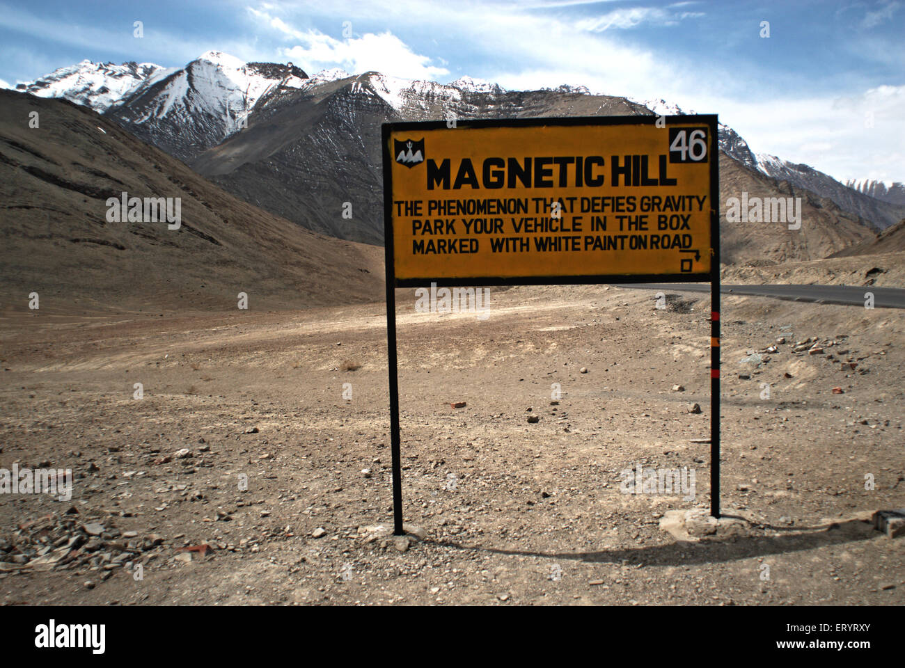 Signboard of Magnetic Hill ; Magnet Hill , Cyclops Hill , Leh ; Ladakh ; Jammu and Kashmir ; Union Territory ; UT ; India , Asia ; Indian ; Asian Stock Photo