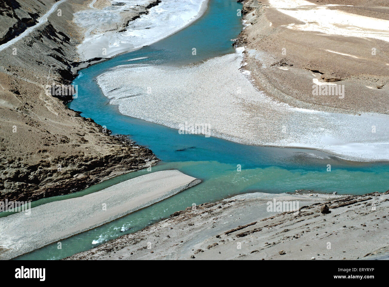 Indus and Zanskar rivers meeting sangam confluence , Nimmu , Nimu , Leh , Ladakh , Jammu and Kashmir , India , Asia Stock Photo