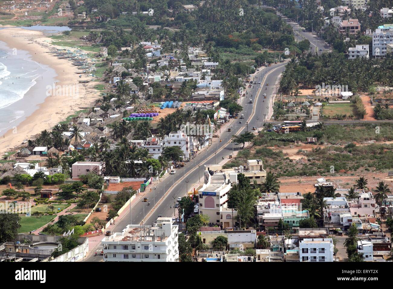 Aerial view of city road and beach , Visakhapatnam , Vishakhapatnam ; Vizag , Visakha , Waltair , Andhra Pradesh ; India , asia Stock Photo