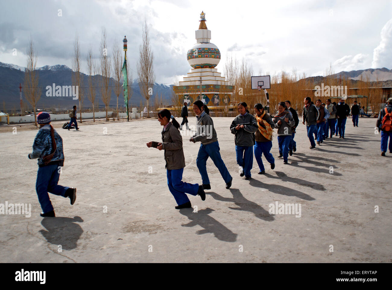 Students warming up ; Leh ; Ladakh ; Jammu and Kashmir ; India 11  April 2008 Stock Photo