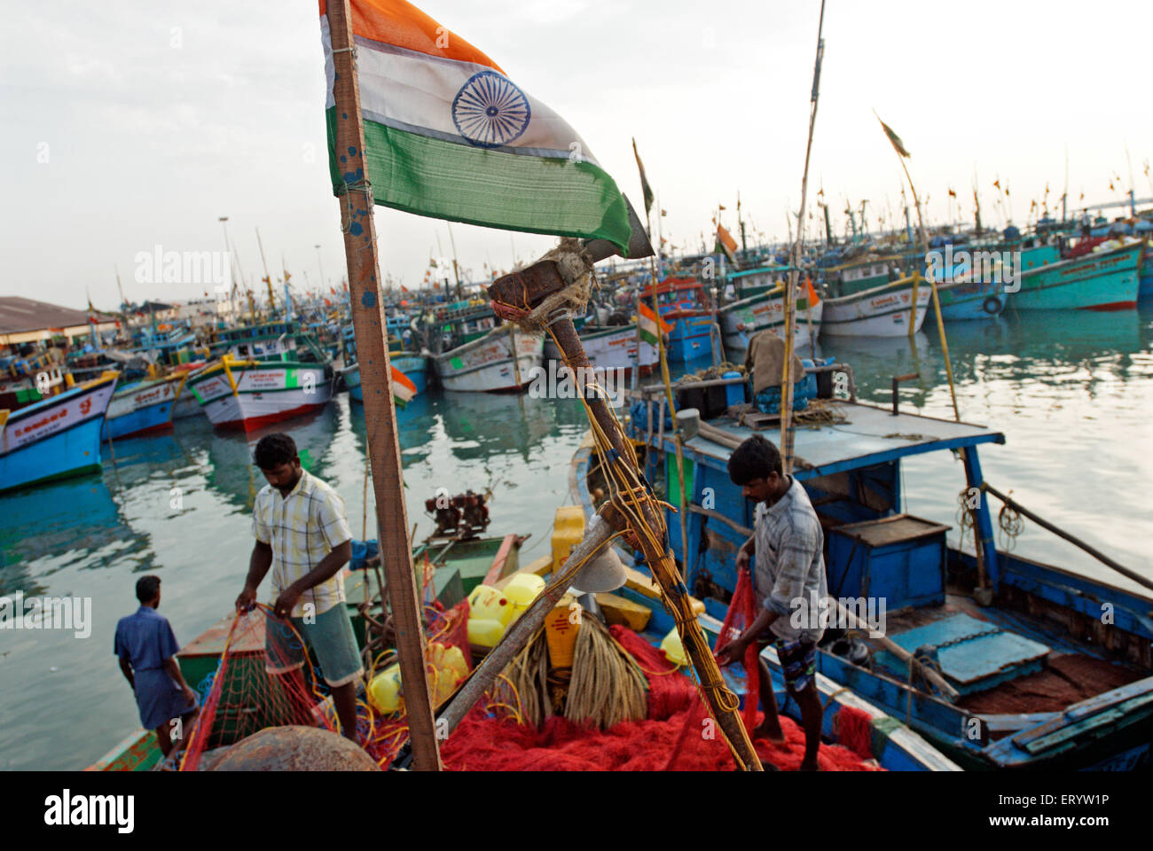 Indian flag on fishing boat at Royapuram Madras  ; Chennai  ; Tamil Nadu  ;  India NOMR Stock Photo