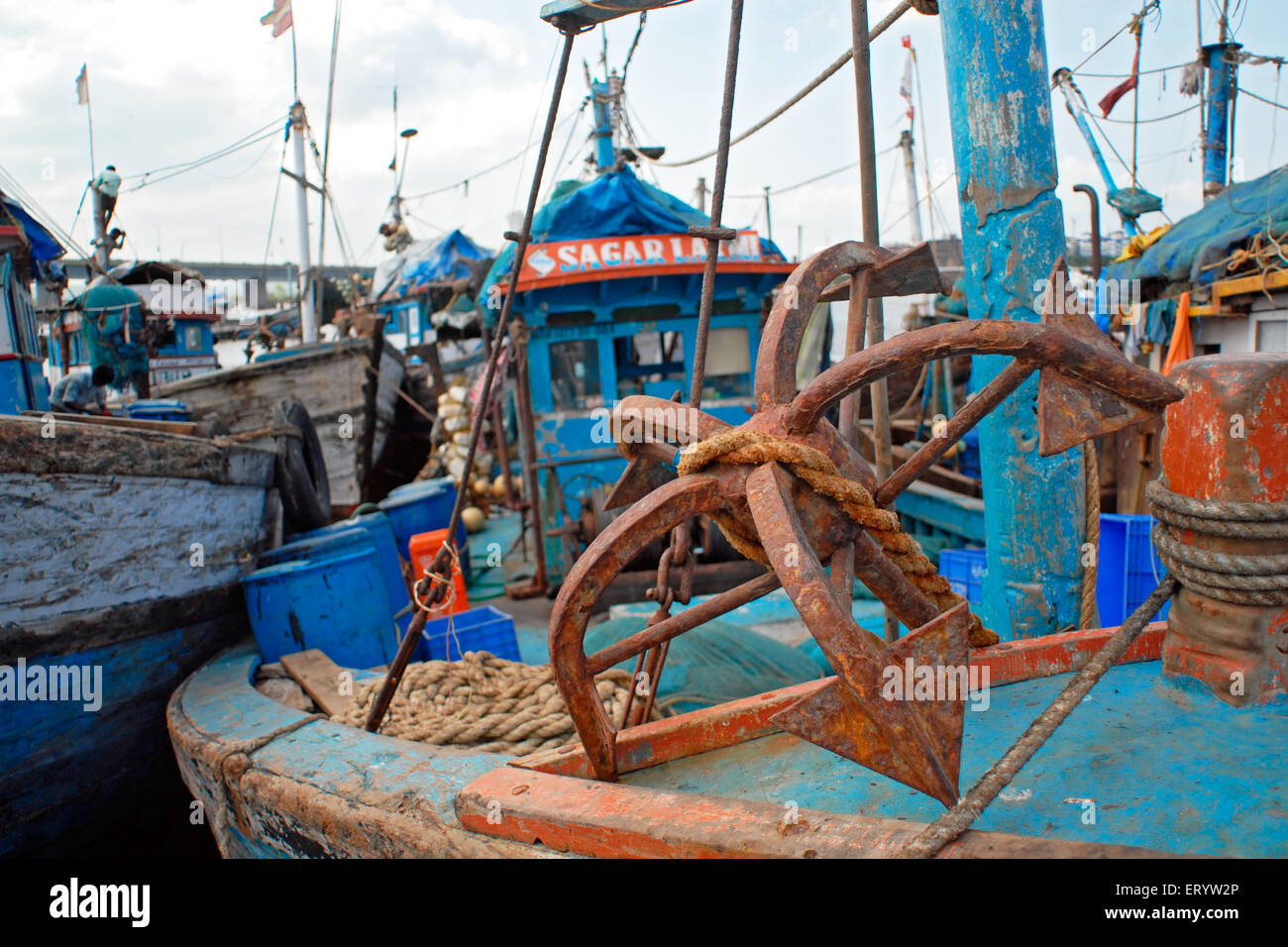 Fishing boats on anchorage at Panaji Panjim harbour ; Goa ; India Stock Photo