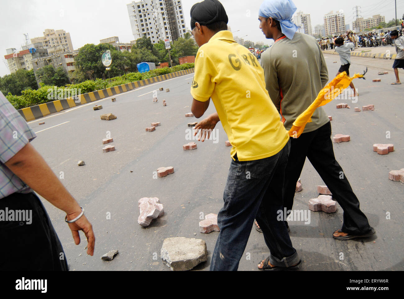 Sikhs blocking highway protesting for dera saccha sauda at ; Mulund ; Bombay ; Mumbai  ; Maharashtra  ; India Stock Photo