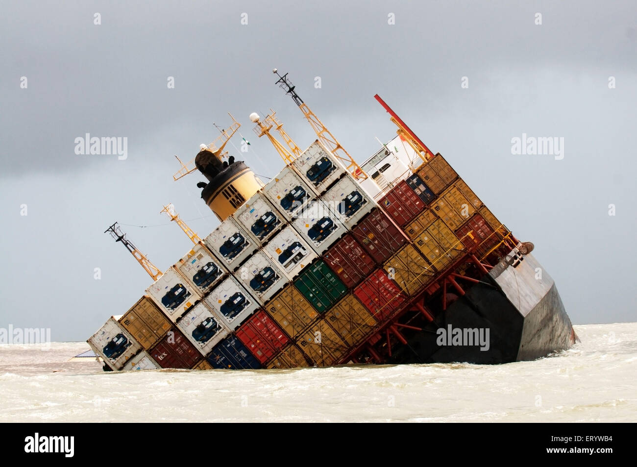Container ship Chitra tilting dangerously after colliding in sea, Bombay, Mumbai, Maharashtra, India, Asia Stock Photo