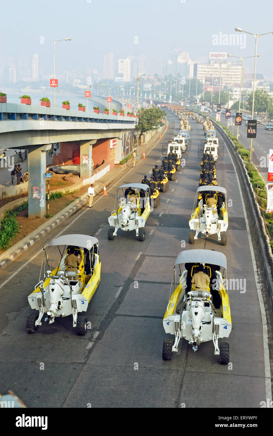Mumbai police commandos in amphibious vehicles at  ; Marine Drive  ; Bombay ; Mumbai ; Maharashtra  ; India Stock Photo