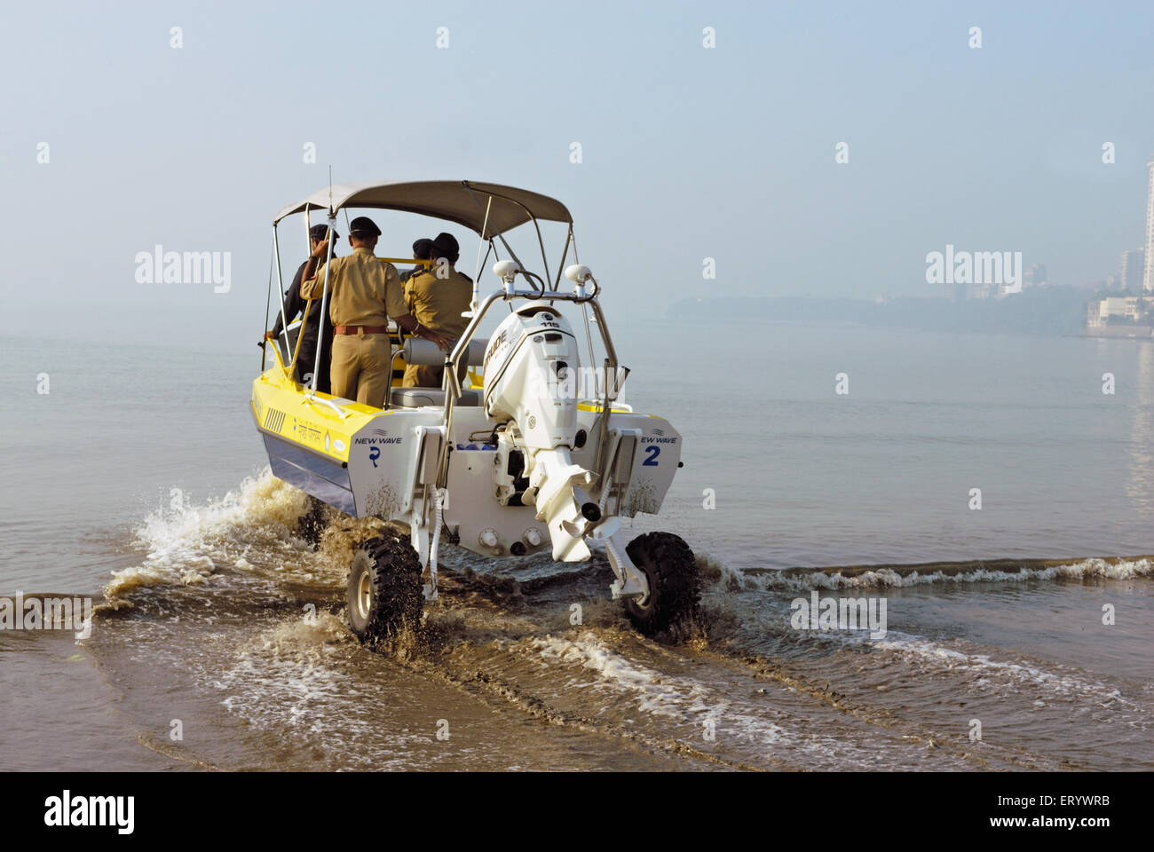 Police commandos in amphibious vehicles at  ; Marine Drive  ; Bombay ; Mumbai ; Maharashtra  ; India Stock Photo