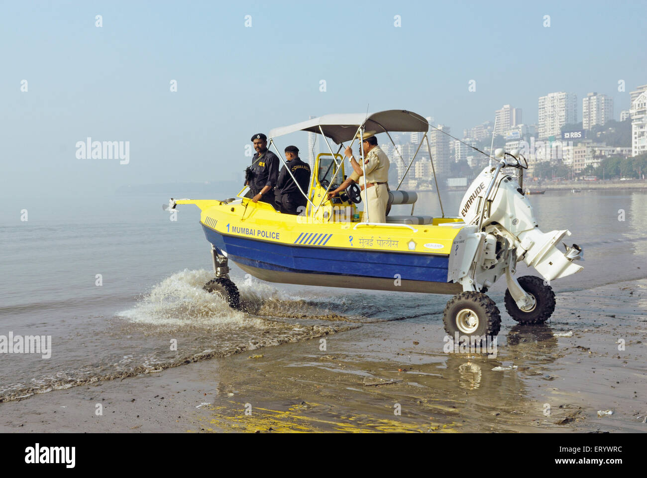 Amphibian , amphibious vehicle boat , Mumbai police commando , Chowpatty beach , Marine Drive  ; Bombay ; Mumbai ; Maharashtra  ; India , asia Stock Photo