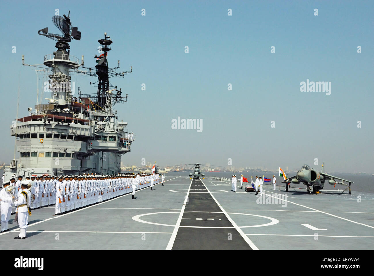 Indian navy sailors ready for guard of honour on the deck of aircraft carrier INS viraat R22 Mumbai Stock Photo