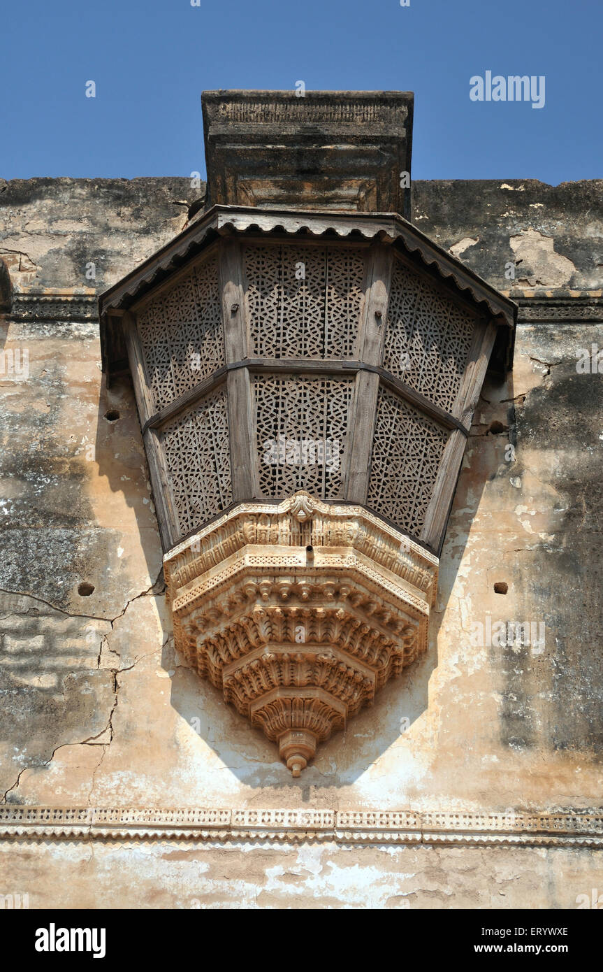 Carved wooden window at darbargadh palace of maharaja of bhuj ; Kutch ; Gujarat ; India Stock Photo
