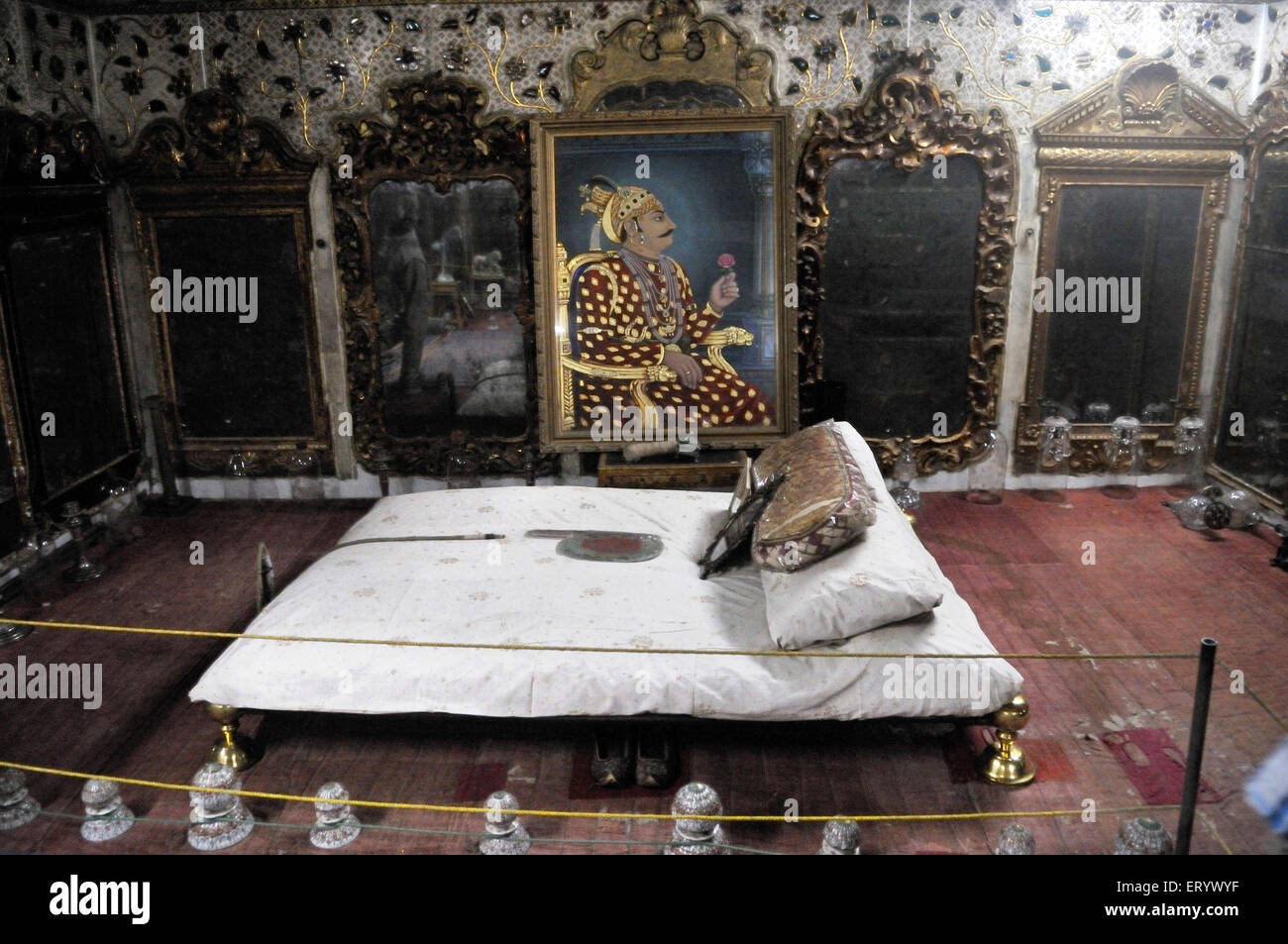Bed of maharaja of bhuj at aina mahal ; Kutch ; Gujarat ; India Stock Photo