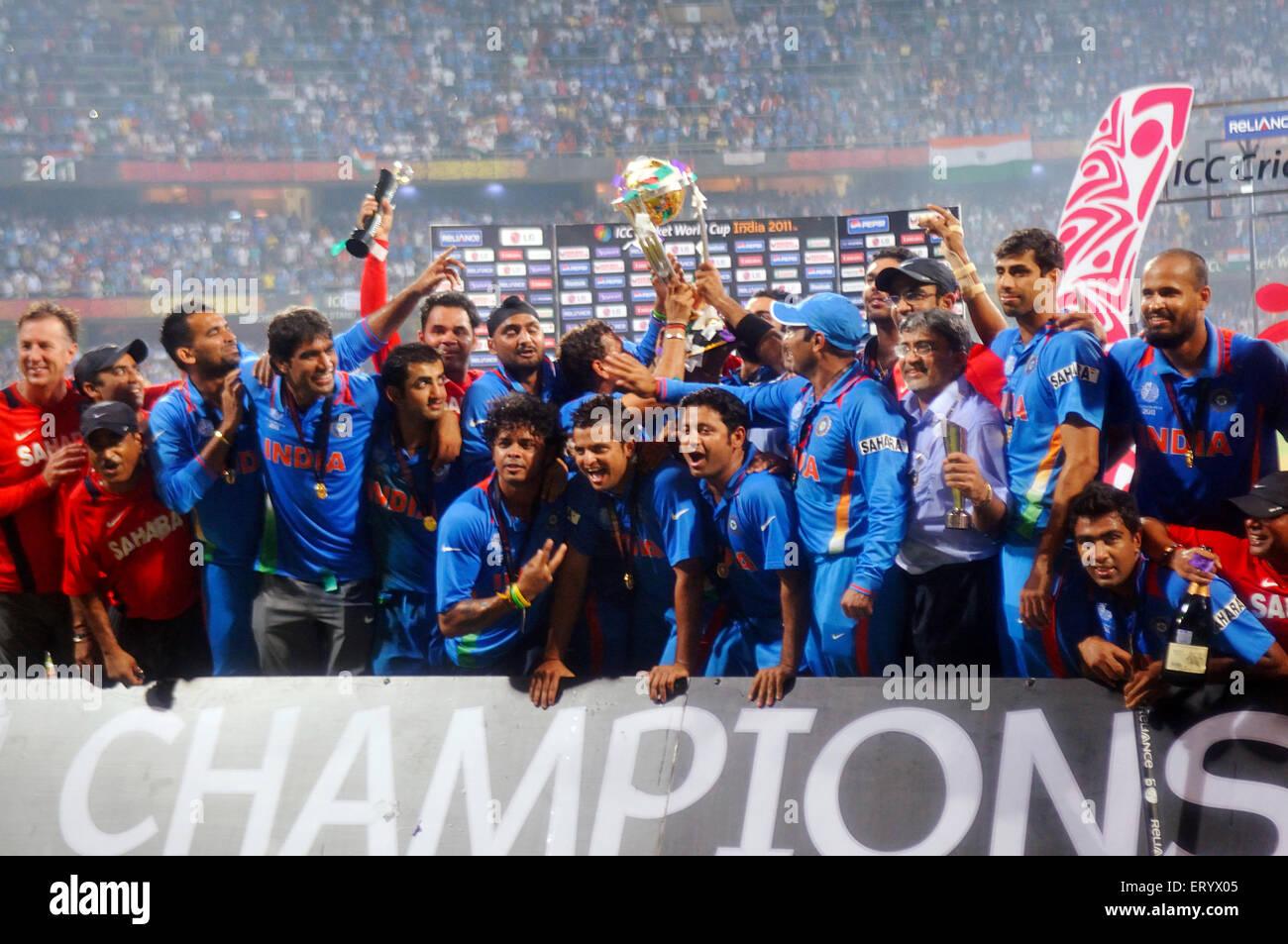 Cricketers celebrate trophy beating Sri Lanka ICC Cricket World Cup 2011 final match Wankhede Stadium Mumbai India Stock Photo