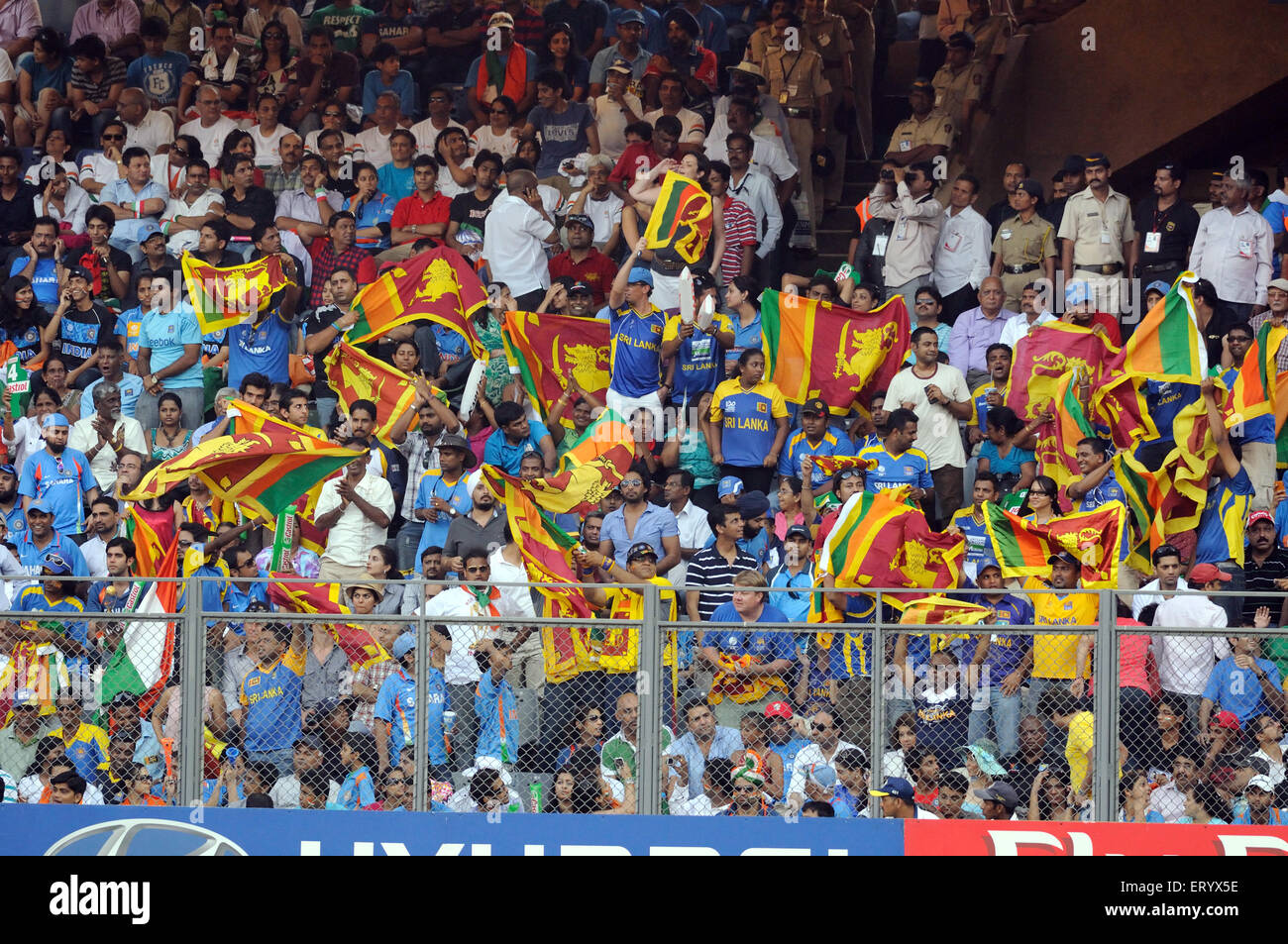 Sri Lankan fans wave national flags ICC Cricket World Cup final Sri Lanka played Wankhede stadium Mumbai Stock Photo