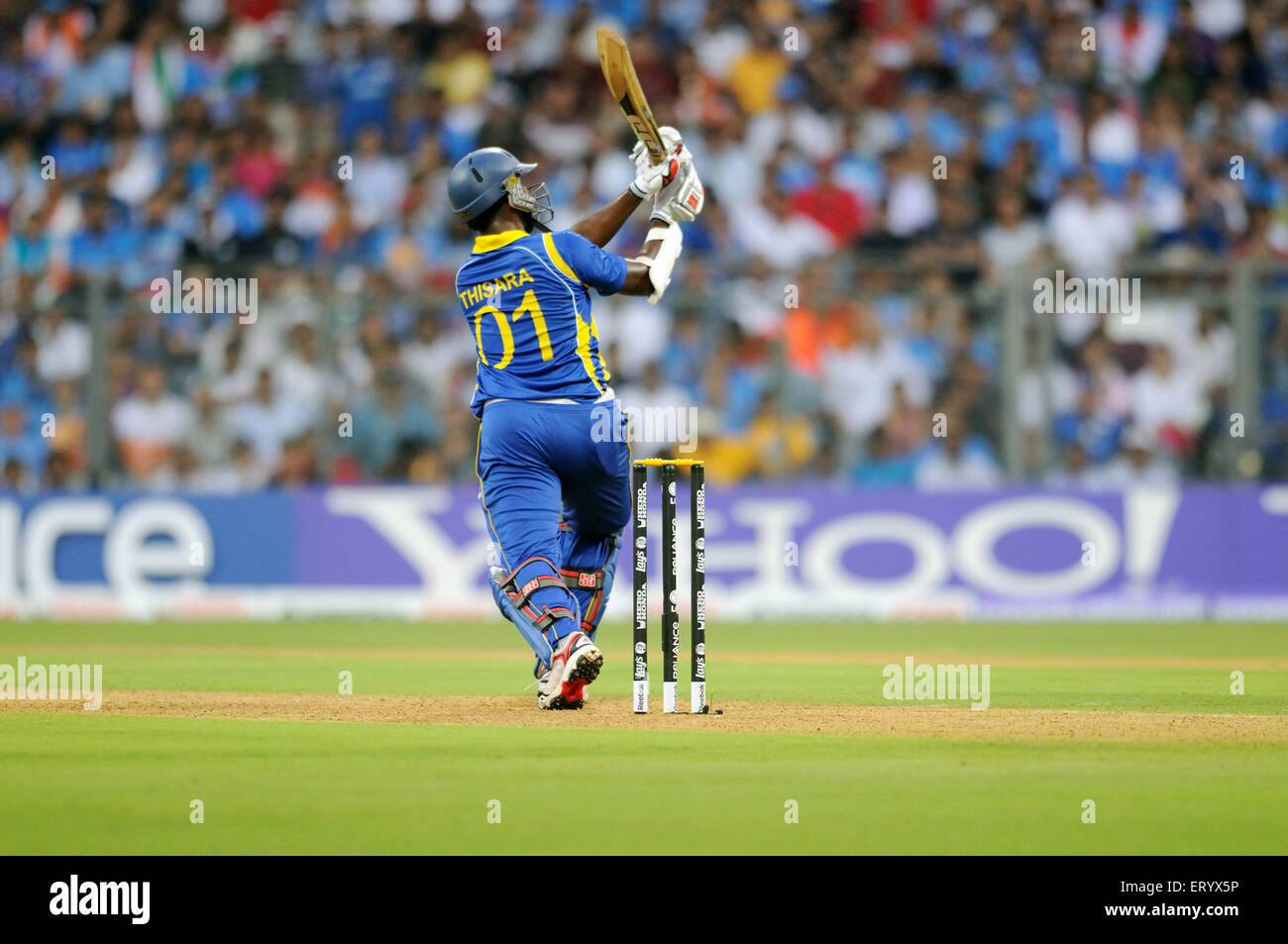 Sri Lankan batsman Thisara Perera  plays shot ICC Cricket World Cup finals Wankhede stadium Mumbai Stock Photo