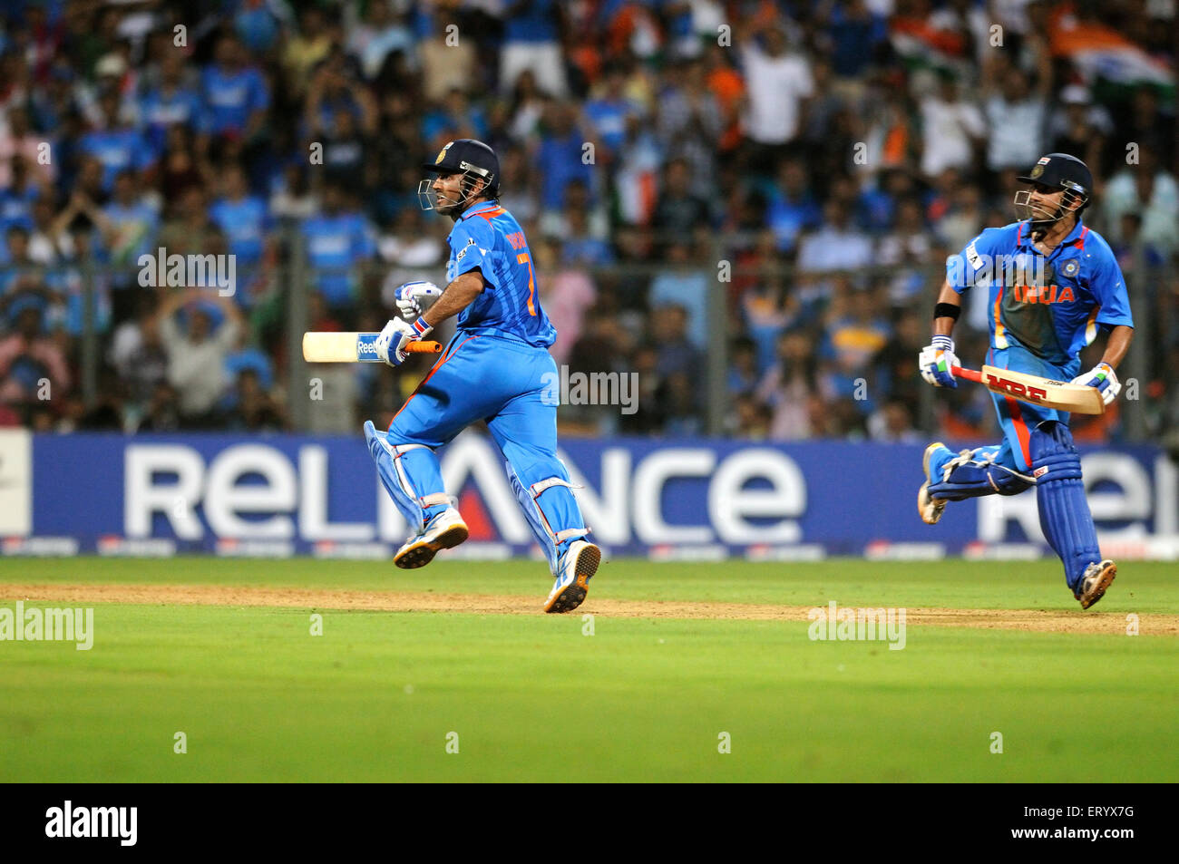 Batsman Left Gautam Gambhir MS Dhoni running wickets 2011 ICC World Cup Final Wankhede Stadium Bombay Mumbai Maharashtra India Stock Photo