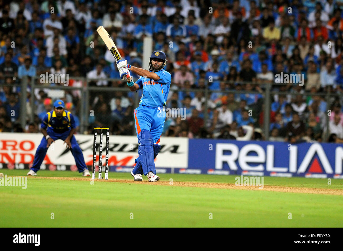 Indian batsman Yuvraj Singh plays shot  2011 ICC World Cup Final India and Sri Lanka at Wankhede Stadium Mumbai Stock Photo