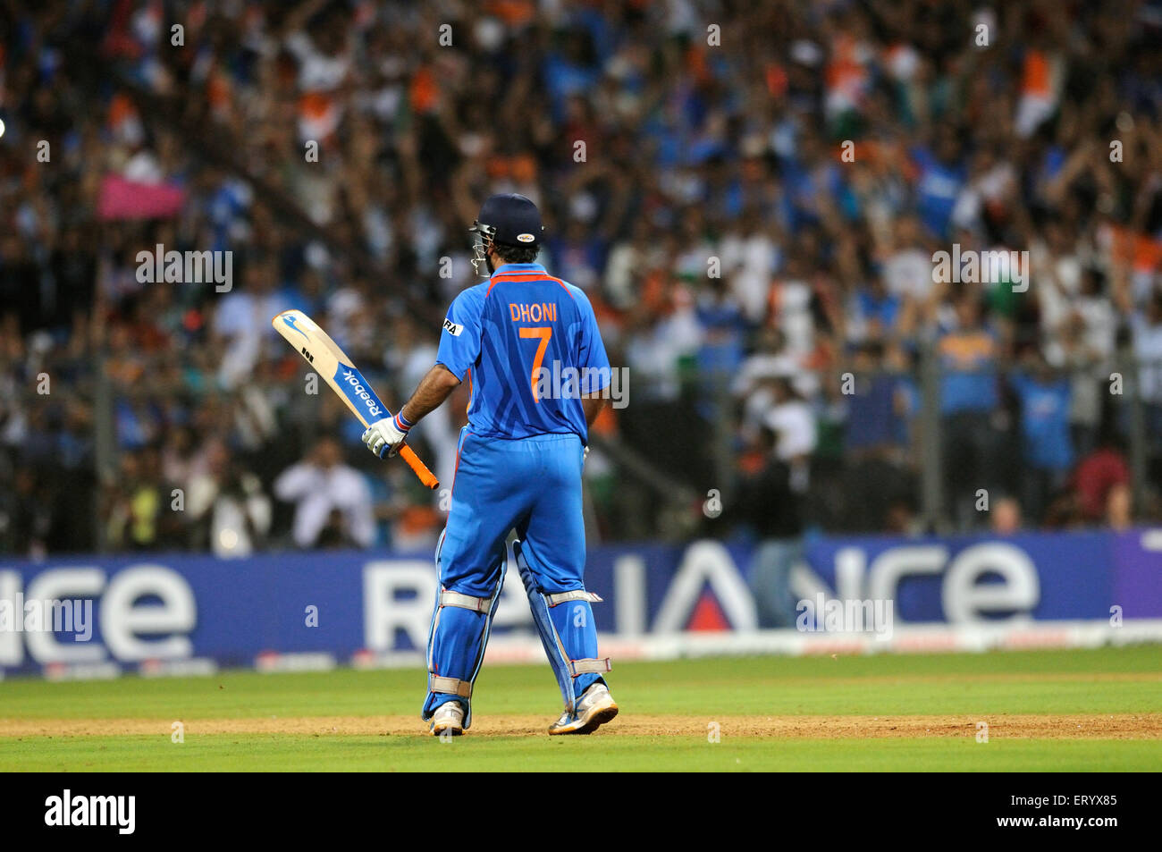 Indian batsman Captain M S Dhoni hitting winning ICC Cricket World Cup 2011 final match Wankhede Stadium Mumbai Stock Photo