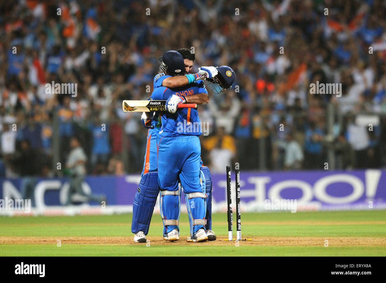 Mahendra Singh Dhoni R team mate Yuvraj Singh celebrate ICC Cricket World Cup 2011 final Wankhede Stadium Mumbai Stock Photo