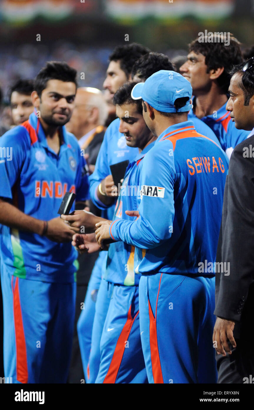 2R Virendra Sehwag Gautam Gambhir winners medal Sri Lanka ICC Cricket World Cup 2011 Wankhede Stadium Mumbai Stock Photo