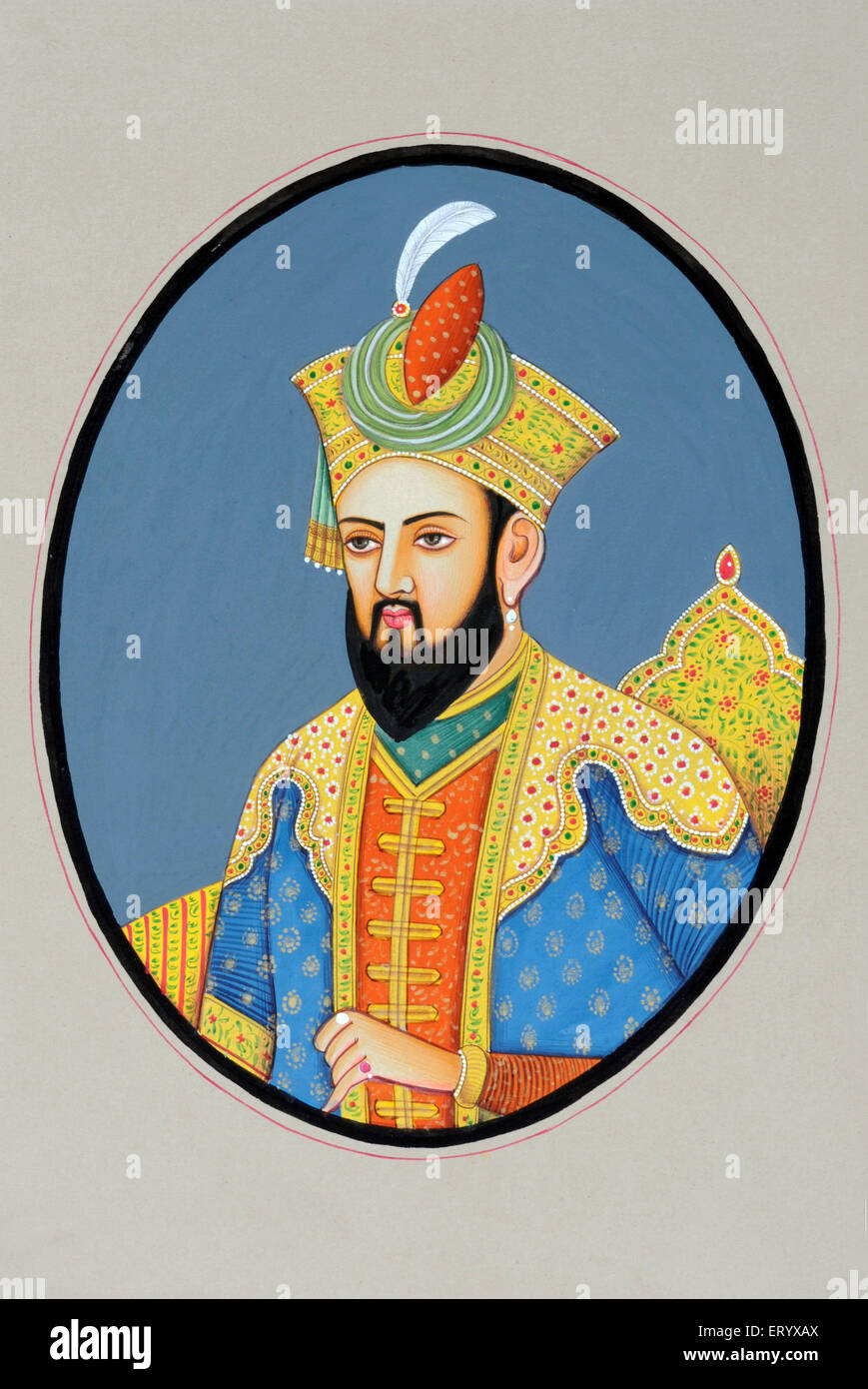 Babur , Mughal Emperor , Miniature painting , Zahir ud Din Muhammad , founder of the Mughal Empire and first Emperor of the Mughal dynasty in India , Stock Photo