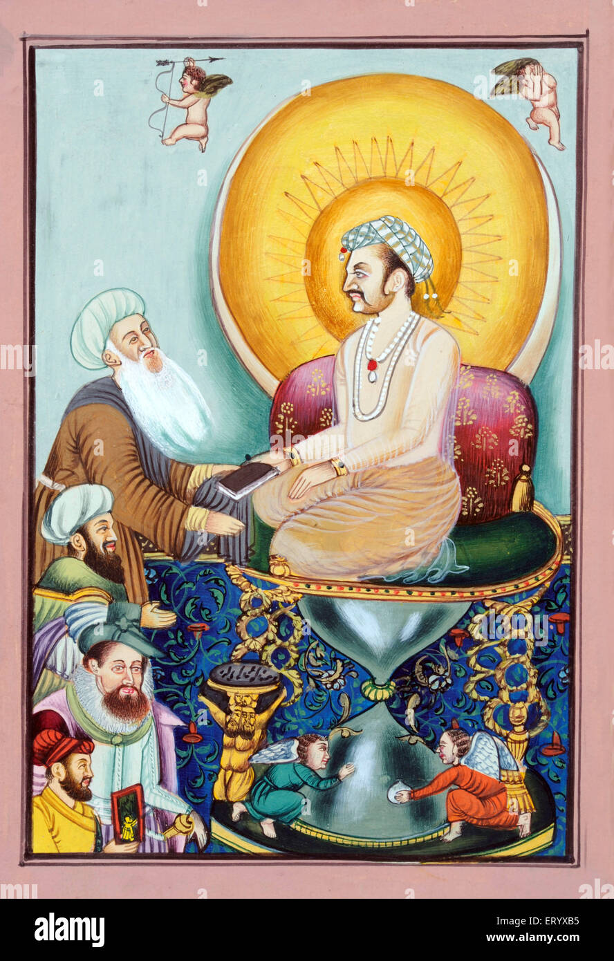 Miniature Painting of Abul Fazl presenting Akbar name to Mughal Emperor Akbar Stock Photo