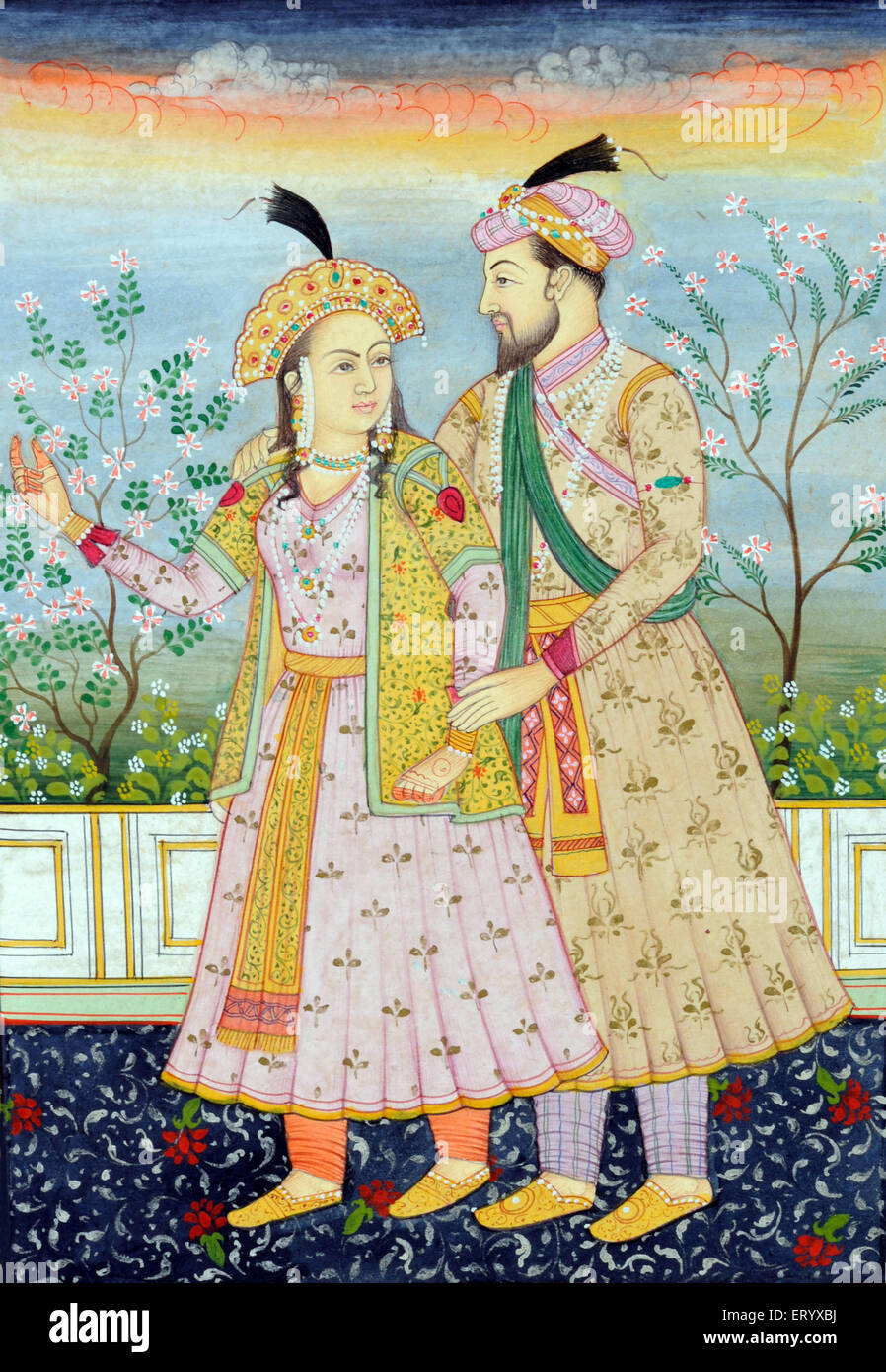 Miniature painting of Mughal Emperor Shah Jahan with Wife Mumtaz Mahal Stock Photo