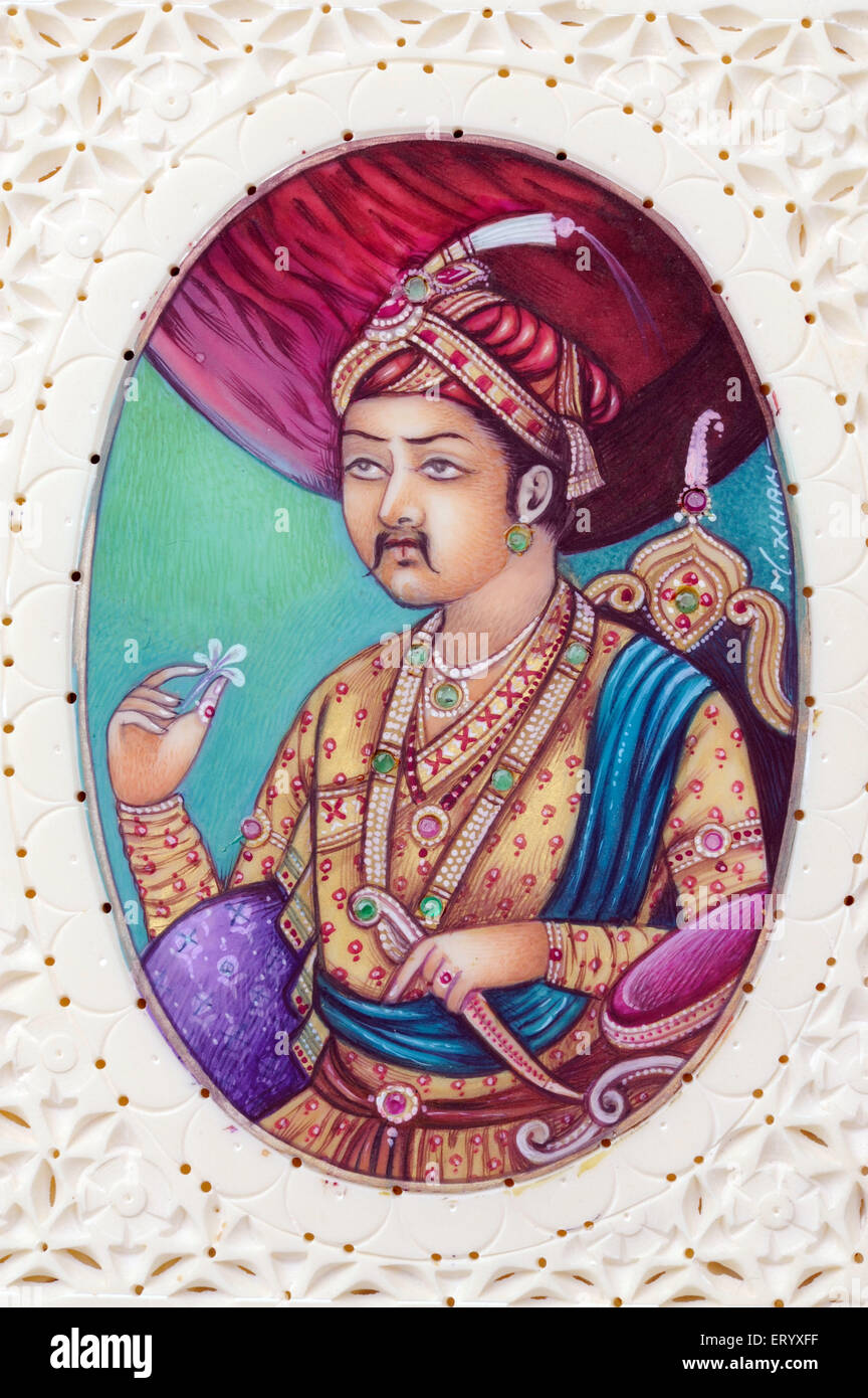Akbar Miniature painting of Mughal Emperor Stock Photo