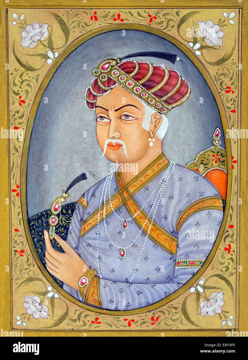 Akbar sitting on throne wearing turban necklace Mughal Emperor Miniature painting India Indian Raja King Maharaja Stock Photo
