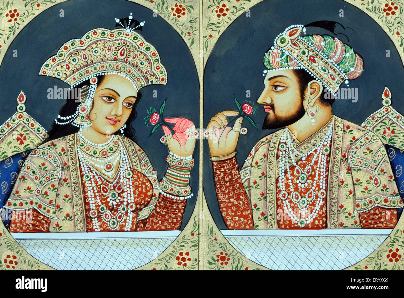 Shah Jahan and Mumtaz Mahal smelling pink rose flower ; Mughal emperor and empress ; Miniature Painting ; India ; Asia ; painting Stock Photo