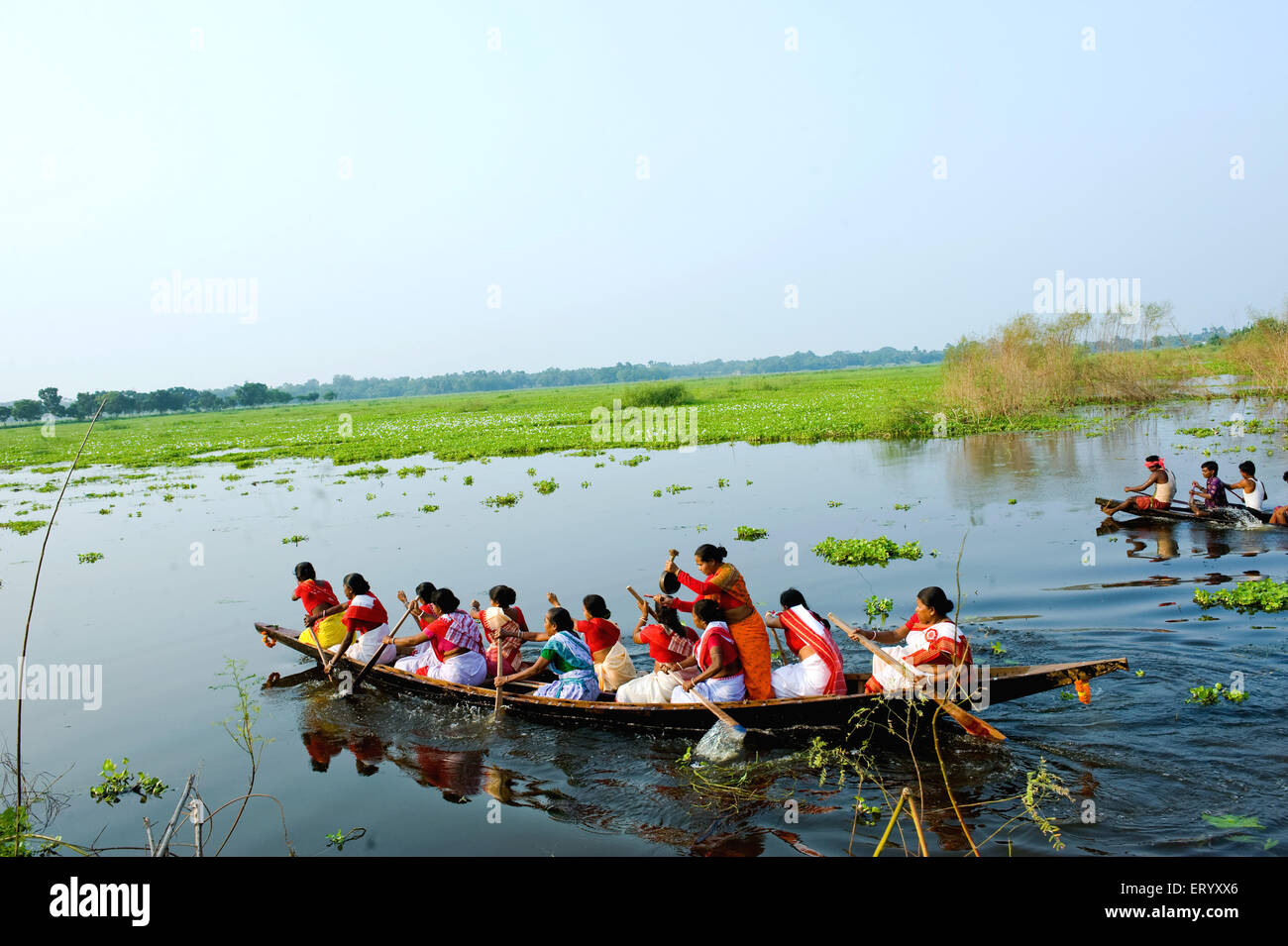 Women participants speeding boat for boat race ; West Bengal ; India Stock Photo