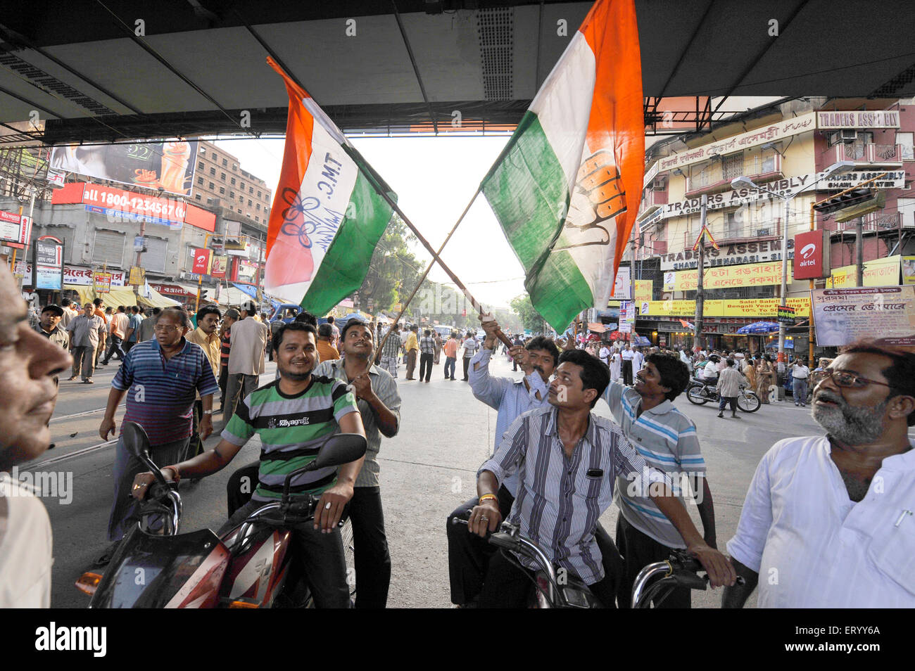 Indian elections , TMC , Indian political party , All India Trinamool Congress banners , election flags, Gariahat , Calcutta , Kolkata , India , Asiaa Stock Photo