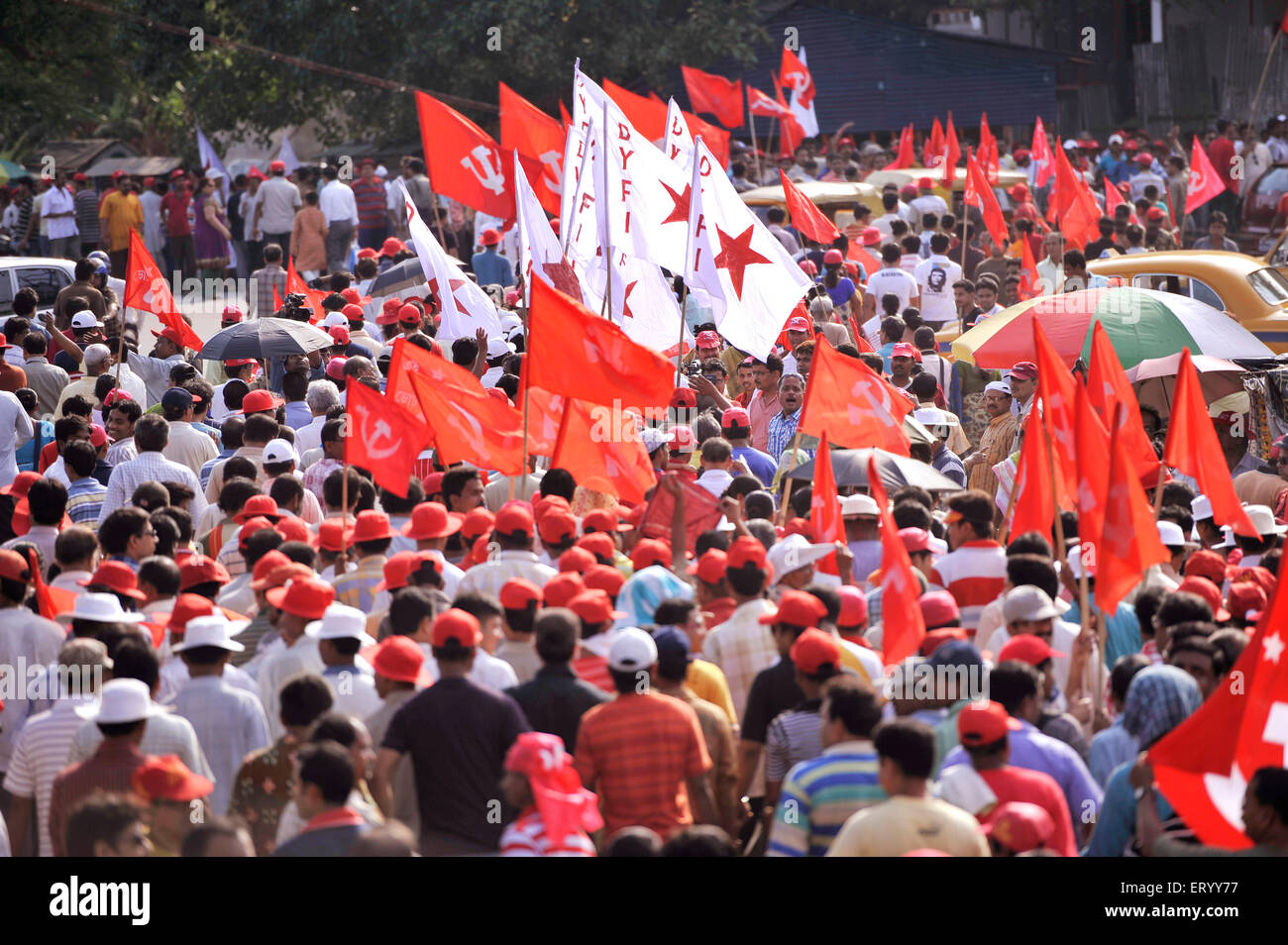 CPM, Communist Party of India, Marxist, political party, election campaign rally with party flags symbols, Calcutta, Kolkata, West Bengal, India, Asia Stock Photo