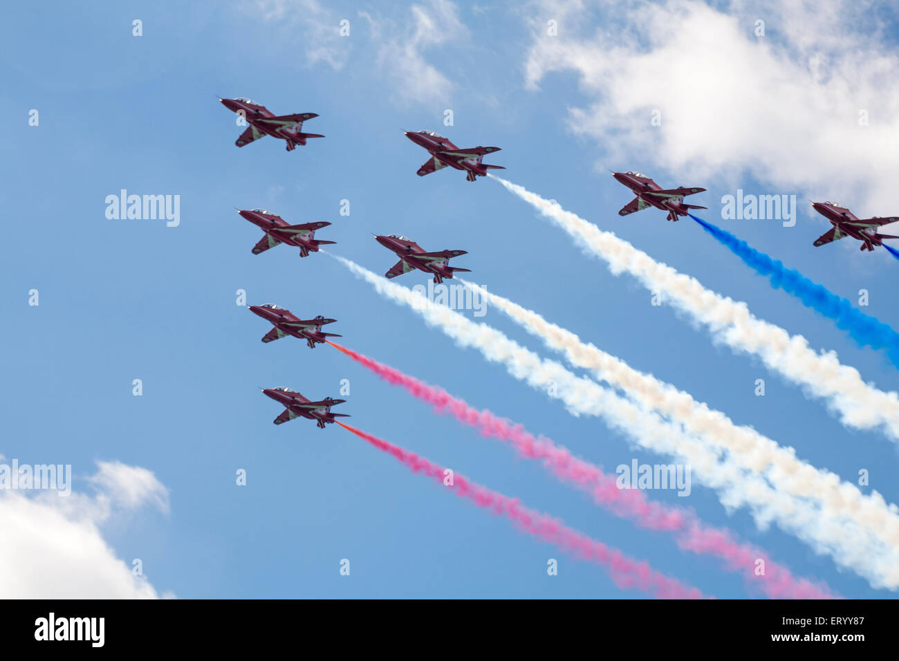 Red Arrows perform at the Bournemouth Air Festival 2014 at Bournemouth, Dorset UK in August Stock Photo