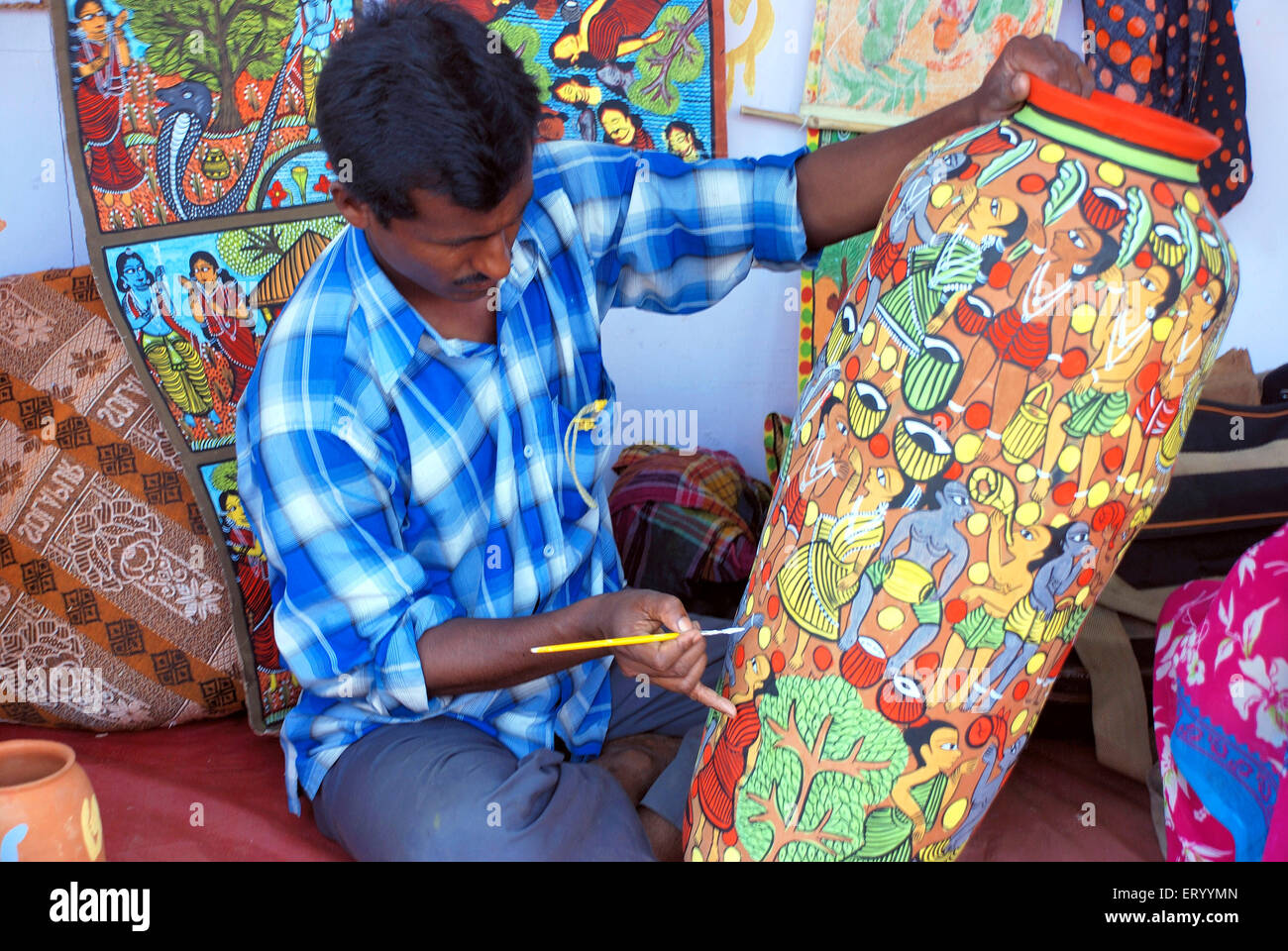 Pattachitra art artist painting jar Calcutta Kolkata West Bengal India Asia Indian handicraft Stock Photo