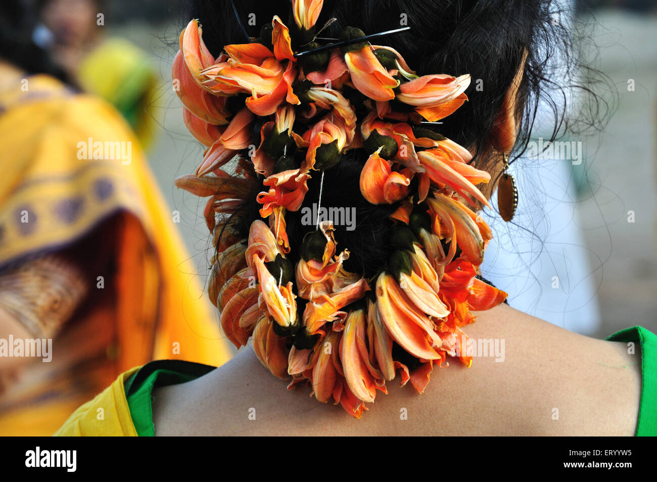 Flower hair decoration , Holi festival ; Shantiniketan ; Bolpur city