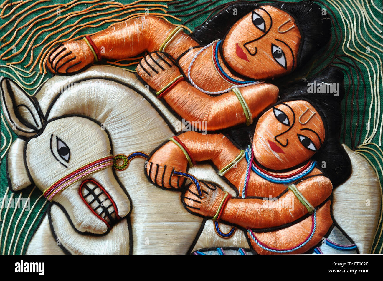 Indian mythology Ramayana , Lava Kusha capturing Ashvamedha horse , Chiffon thread handicraft , Calcutta , Kolkata , West Bengal , India , Asia Stock Photo