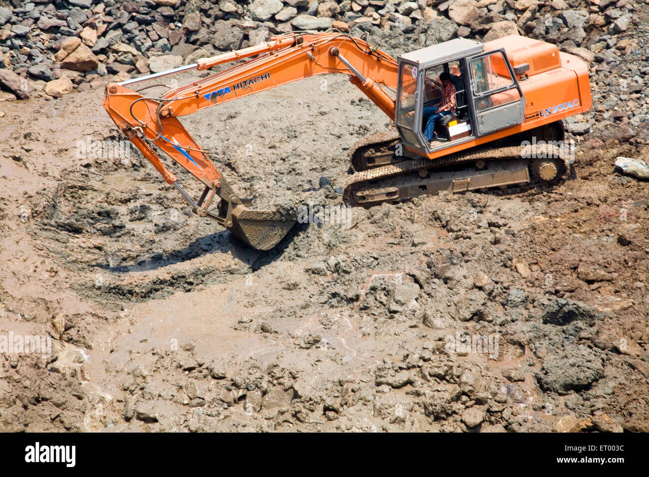 Excavator machine for road construction , Haji Ali , Mahalaxmi , Worli , Bombay , Mumbai , Maharashtra , India , Asia Stock Photo