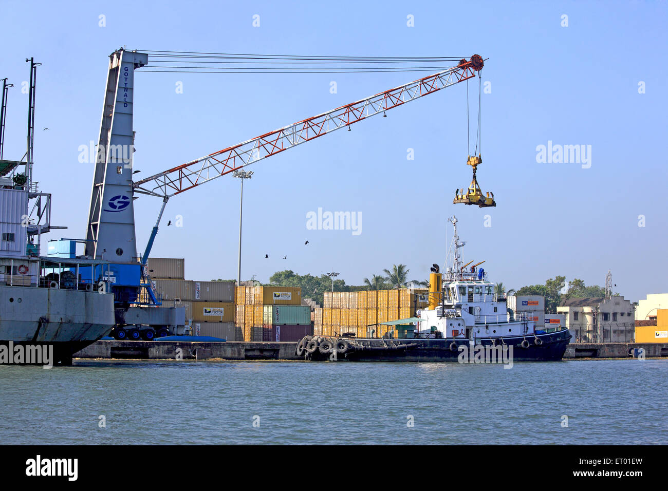 Containers handling yard ; Cochin Kochi harbour ; Kerala ; India Stock Photo