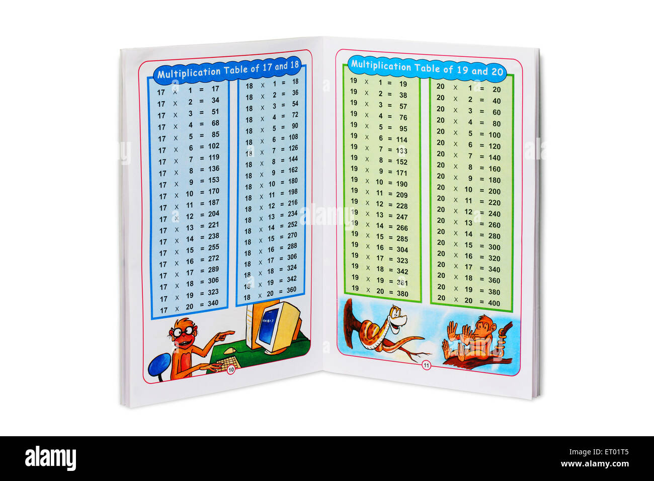 multiplication table, mathematics book on white background Stock Photo