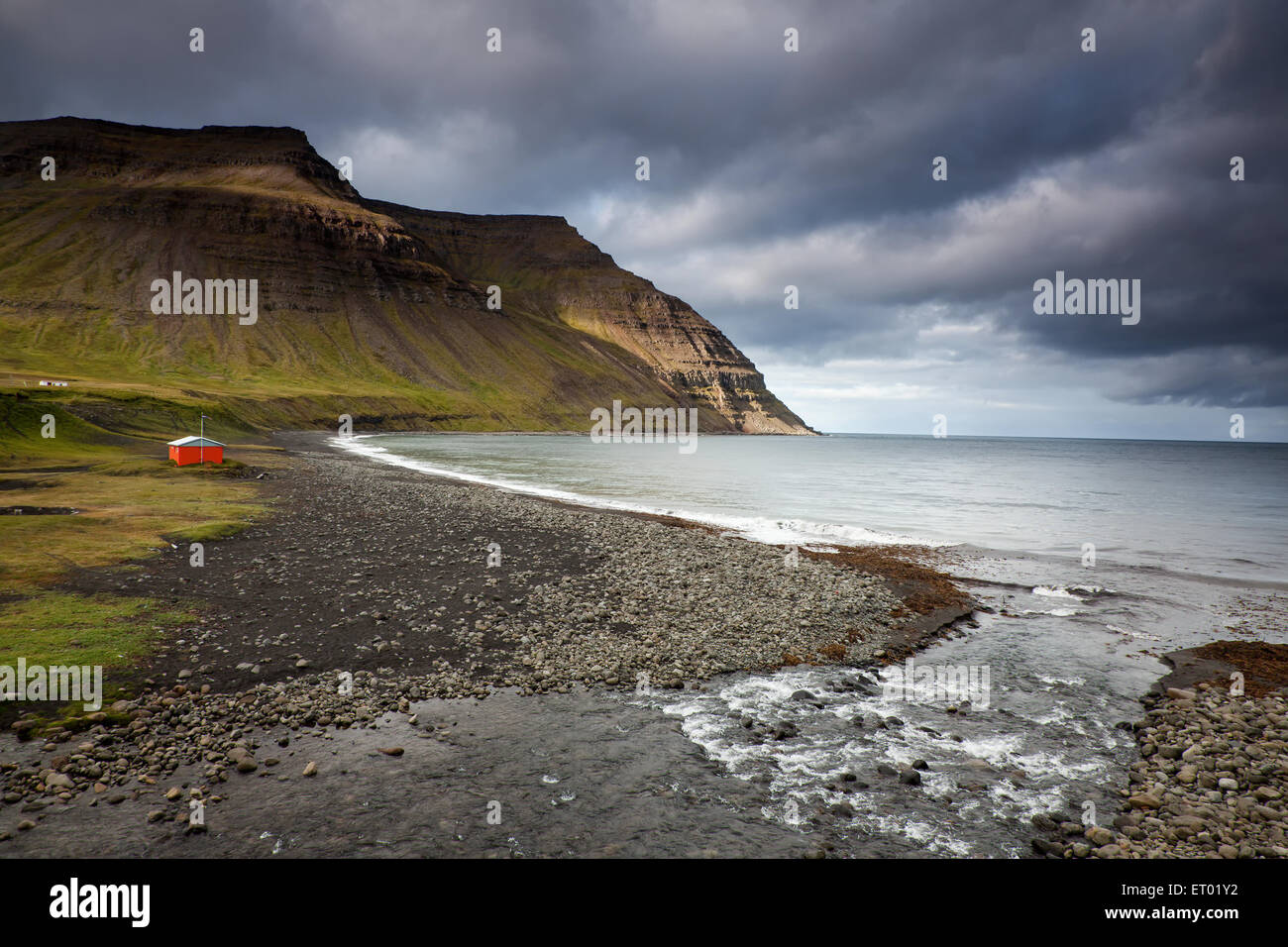 Scenic view of cliffs and ocean, Skalavik, Isafjordur, West Fjords, Iceland Stock Photo