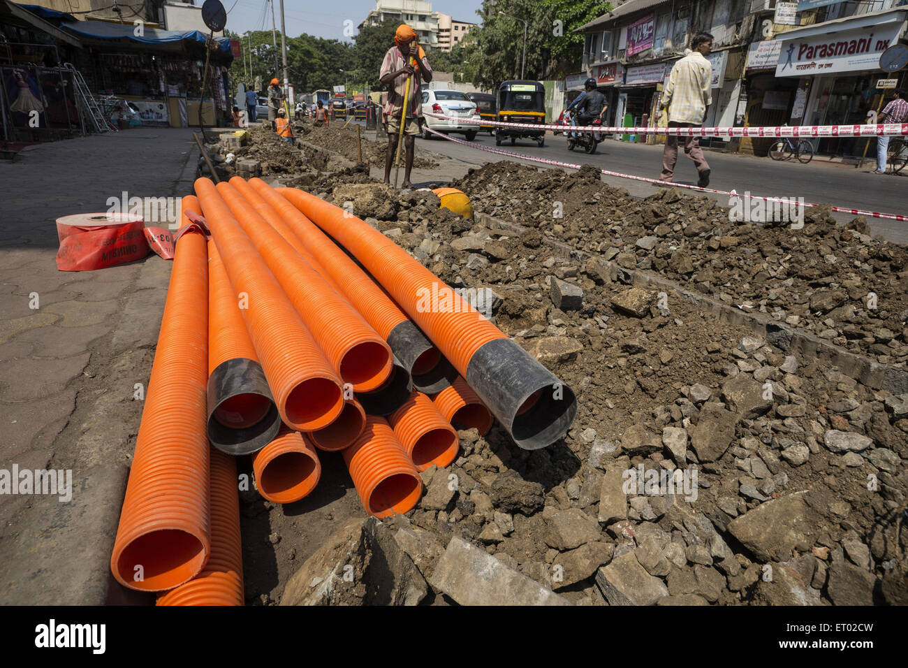 Under Ground Laying of PVC Structured Pipes in Ghatkopar at Mumbai India Asia Stock Photo