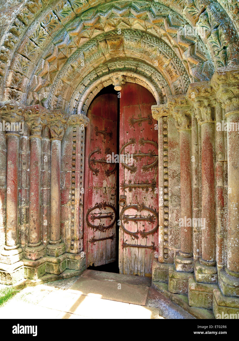 Spain, Galicia: Romanesque portal of the picturesque church Vilar de Donas Stock Photo