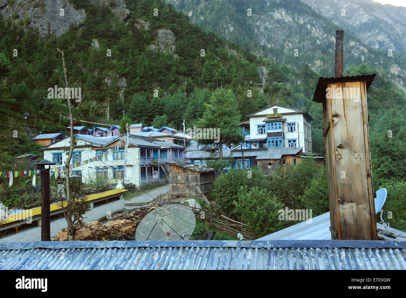 Houses , Chame , Manang , Gandaki Zone , Nepal , Federal Democratic Republic of Nepal , South Asia , Asia Stock Photo
