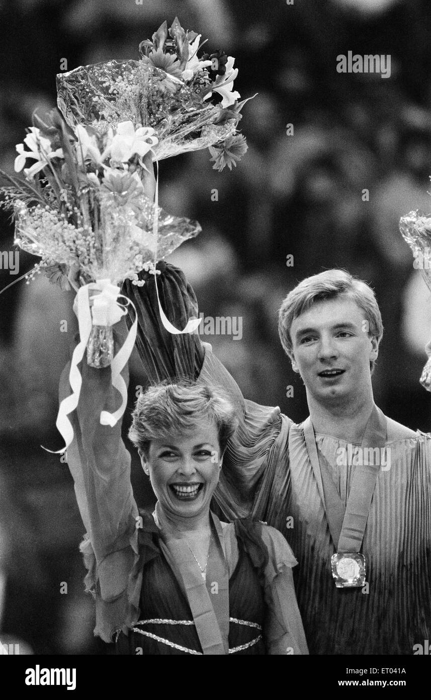 1984 Winter Olympics, 14th February 1984. Figure skating, Medal Ceremony, Zetra Stadium, Sarajevo, Yugoslavia. Jayne Torvill and Christopher Dean racked up an unprecedented 12 perfect scores to win the gold medal for this performance of routine Bolero. Stock Photo