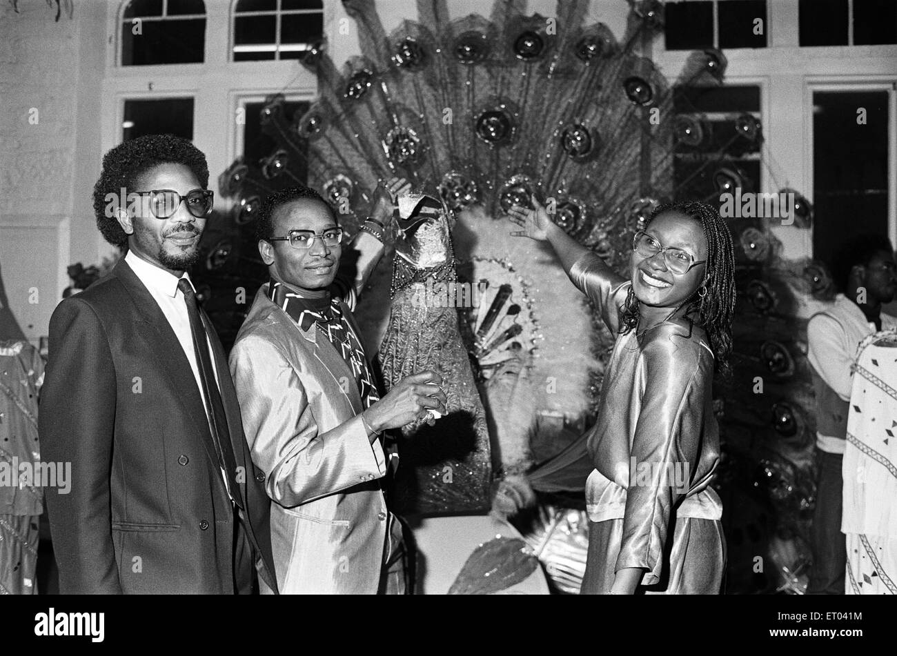 All the glitter and display of the carnival on view at an exhibition of carnival arts in the Hudawi Centre organised by Huddersfield Carnival comittee.  15th January 1988. Stock Photo