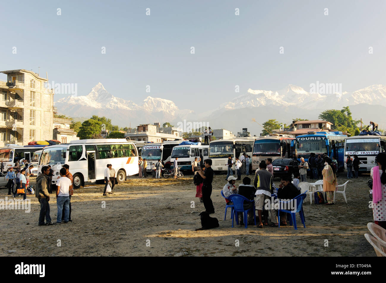 Bus stand , Machhapuchchhre , Fishtail mountain , Pokhara , Nepal , Federal Democratic Republic of Nepal , South Asia , Asia Stock Photo